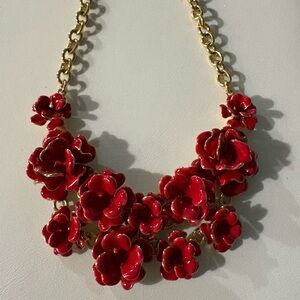 Talbots Double Layer Red & Gold Tone Flowers Necklace